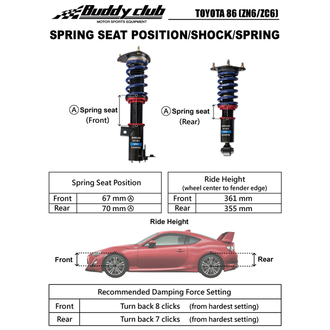 BUDDYCLUB SPORTS SPEC DAMPER AND COILOVER SPRING KIT TO SUIT TOYOTA 86 (FT) & SUBARU BRZ (ZN6)