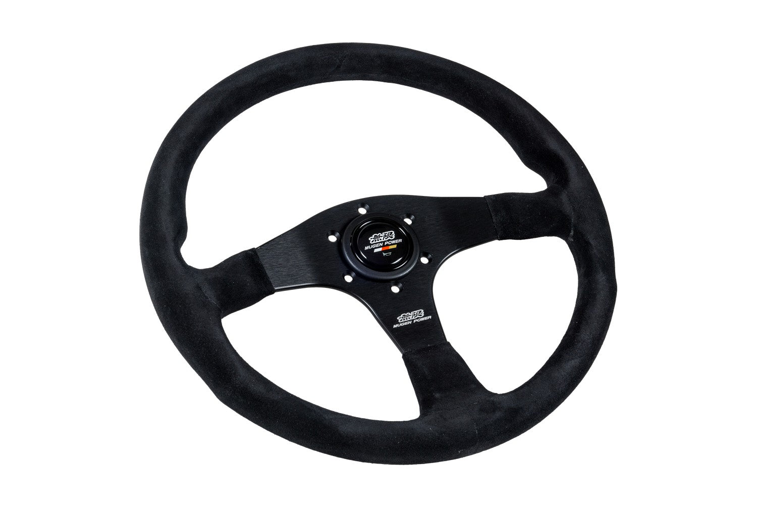 14" MUGEN Style Black Suede Racing Steering Wheel With Red Stitching & Horn Button